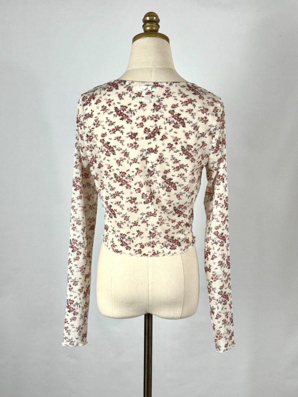 Y2K Floral Mesh Crop Cardigan Top Tie Front Sheer Lettuce Hem Coquette Dainty - Picture 7 of 9
